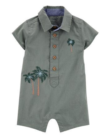 Baby  Palm Tree Print Button-Front Romper-Green, 
