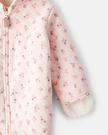 Baby Girl Floral Sherpa-Lined Long-Sleeve Hooded Jumpsuit - Pink, 