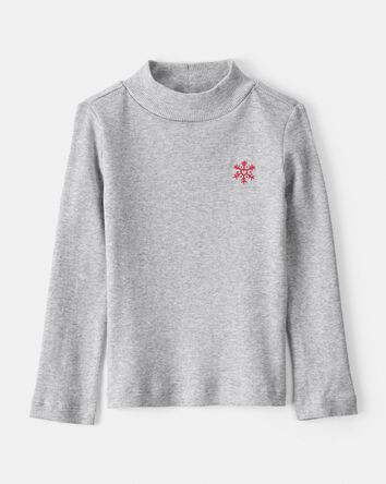 Toddler Girl Snowflake Mock Neck Rib Top - Grey, 