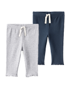 Baby Girl 2-Pack Knit Pull-On Pants Set - Grey/Navy, image 1 of 7 slides