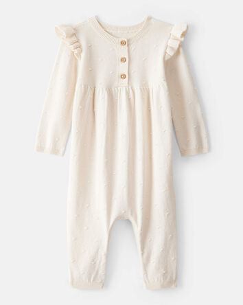 Baby Girl Cotton Long-Sleeve Jumpsuit - Ivory, 