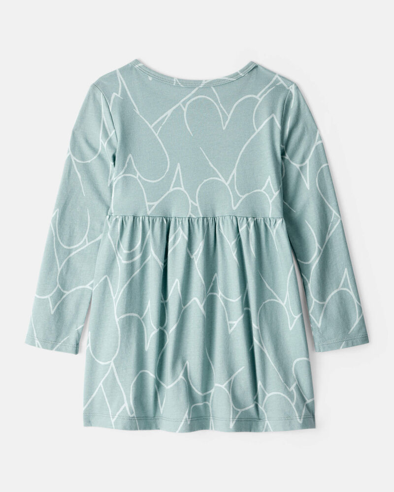 Toddler Girl Heart Print Long Sleeve Cotton Dress - Green, image 2 of 4 slides