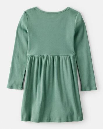 Girls Long Sleeve Cotton Dress - Green, 