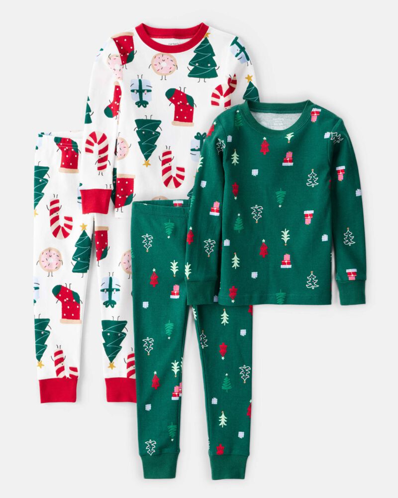 Baby Christmas 100% Cotton Snug Fit 4-Piece Pajamas - Green/White, image 1 of 5 slides