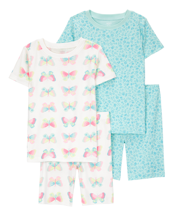 Girls Butterfly Print Snug Fit Cotton 4-Piece Pajamas, 