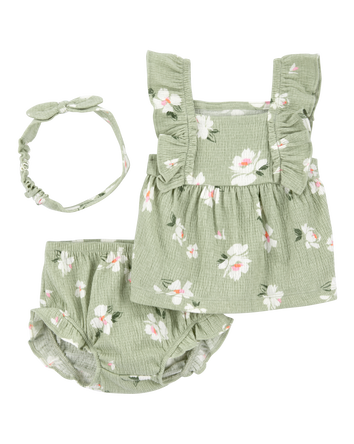 Baby Girl 3-Piece Floral Gauze Outfit Set - Green, 