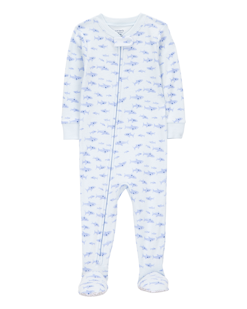 Toddler Boy 1-Piece Shark 100% Snug Fit Cotton Footie Pajamas - White/Blue, image 1 of 3 slides
