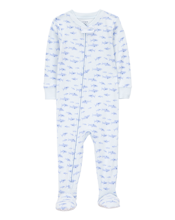 Toddler Boy 1-Piece Shark 100% Snug Fit Cotton Footie Pajamas - White/Blue, 