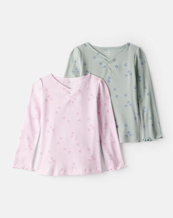 Toddler Girl 2-Pack Heart Print Cotton Long-Sleeve Top - Green/Pink, 