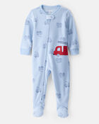 Toddler Boy Firetruck Loose Fit Long-Sleeve 1-Piece Pajamas - Blue, image 1 of 4 slides