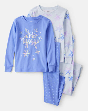 Girls Snowflake Print 100% Cotton Long-Sleeve Snug Fit 4-Piece Pajamas - Blue, 