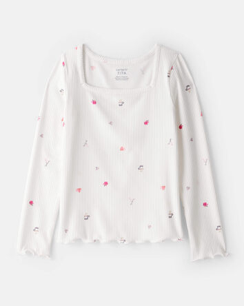 Girls Cafe-Print Ribbed Top - Ivory, 