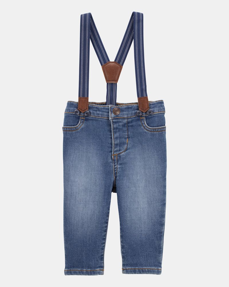 Baby Knit-Denim Suspender Pants - Blue, image 1 of 4 slides