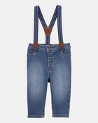 Baby Knit-Denim Suspender Pants - Blue, image 1 of 4 slides