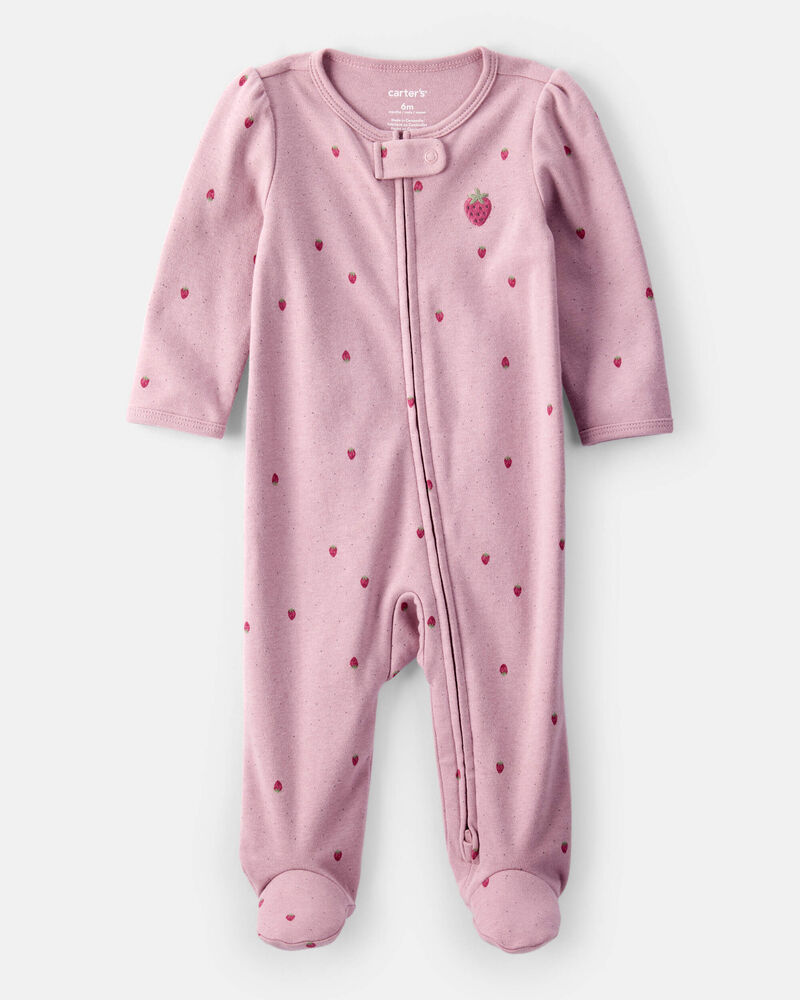 Baby Girl Strawberry Print 100% Cotton Sleep & Play Pajamas - Pink, image 1 of 5 slides