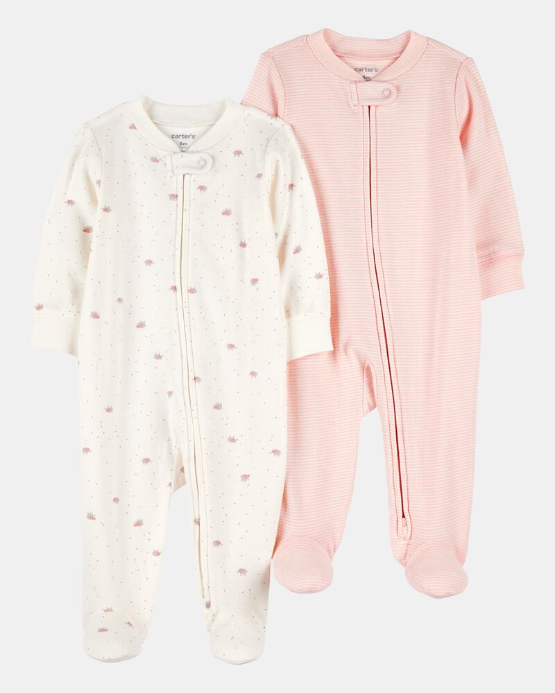 Baby Girl 2-Pack 2-Way Zip Cotton Sleep & Play Pajamas - White/Pink, image 1 of 4 slides
