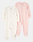 Baby Girl 2-Pack 2-Way Zip Cotton Sleep & Play Pajamas - White/Pink, image 1 of 4 slides