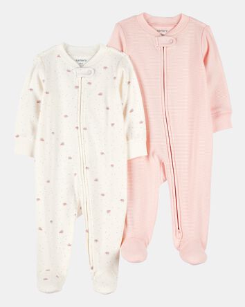 Baby Girl 2-Pack 2-Way Zip Cotton Sleep & Play Pajamas - White/Pink, 