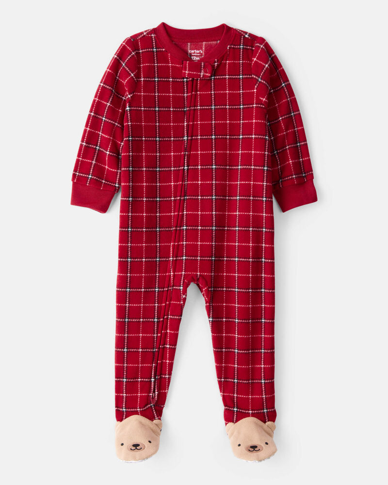 Baby Boy Plaid Print Fleece Loose Fit 1-Piece Pajamas - Red, image 1 of 4 slides