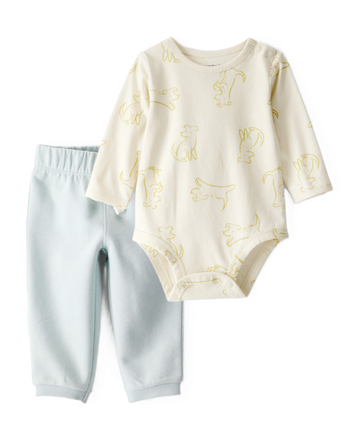 Baby Boy 2-Piece Dog Print Bodysuit & Daydream Fleece Pants Set - Ivory/Blue, 
