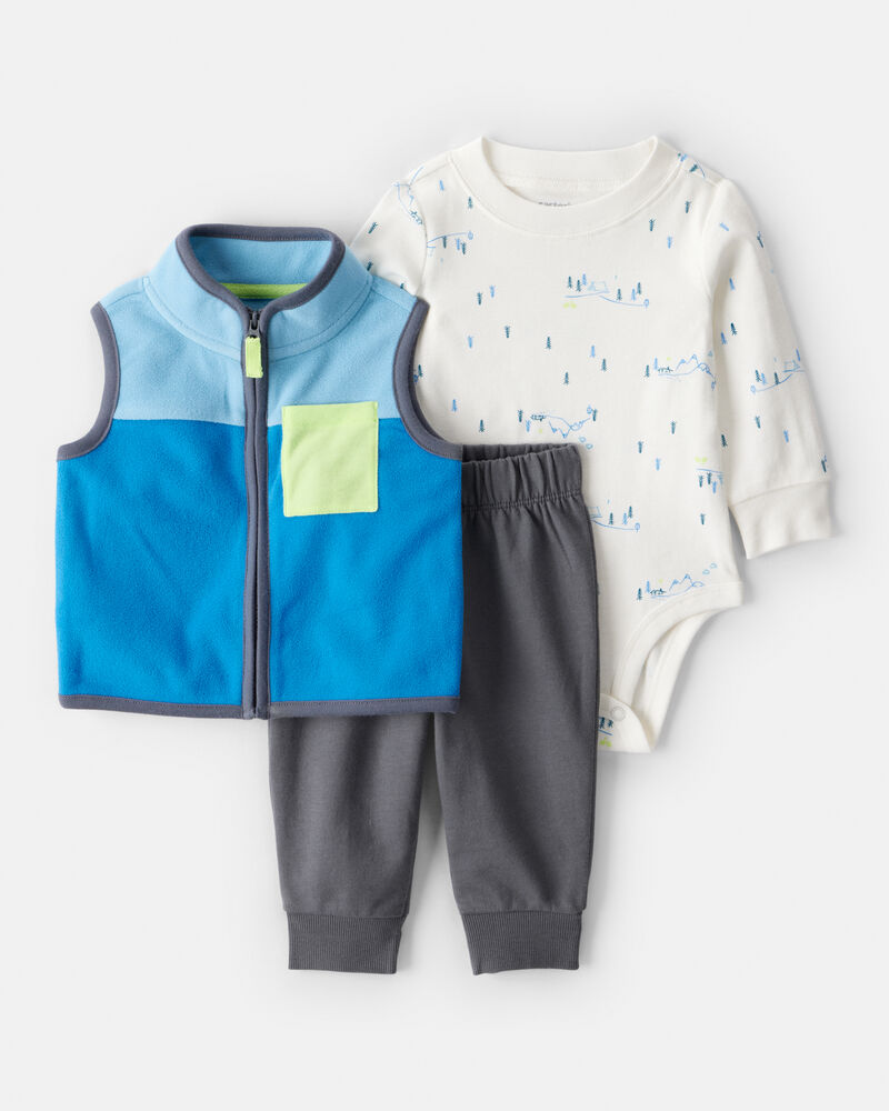Baby Boy 3-Piece Fleece Vest Outfit Set - Blue, image 1 of 5 slides