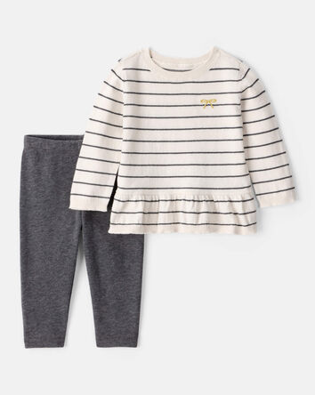 Baby Girl Bow Striped Long-Sleeve Tee & Pant Set - White/Grey, 