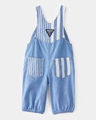 Baby Vintage Inspired Striped Chambray Overalls - Blue Wash, image 2 of 4 slides