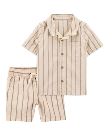 Toddler 2-Piece Striped Button-Down Shirt & Drawstring Shorts Set - Khaki, 