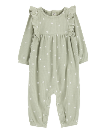 Baby Girl Heart Waffle Knit Long-Sleeve Jumpsuit - Green, 