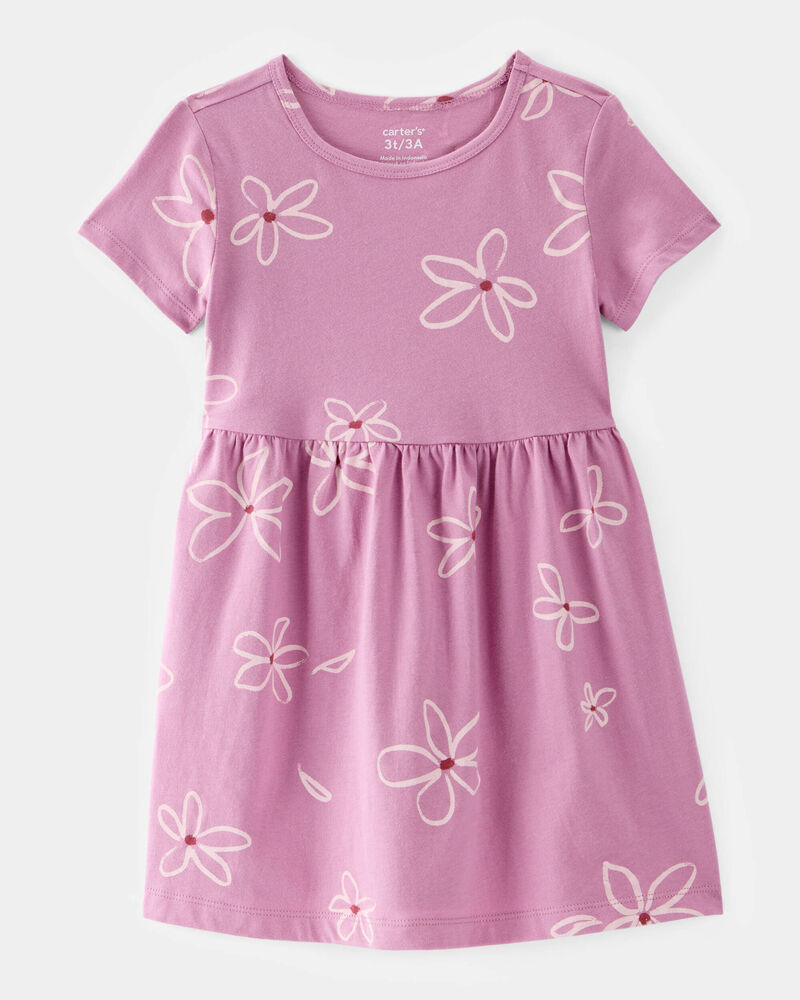 Toddler Girl Flower Print Short-Sleeve Knit Dress - Pink, image 1 of 4 slides