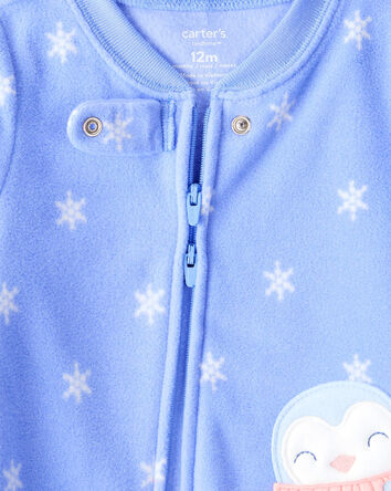 Baby Girl Penguin Fleece Long-Sleeve Loose Fit 1-Piece Pajamas - Blue, 
