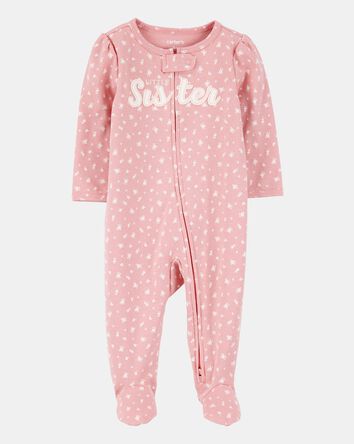 Baby Girl 'Little Sister' 2-Way Zip Cotton Sleep & Play Pajamas - Pink, 