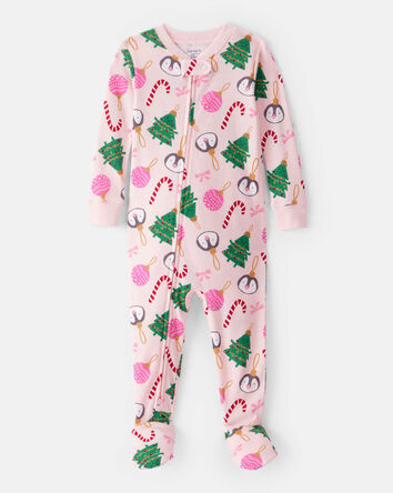 Toddler Girl Pink Ornaments 100% Cotton Long-Sleeve Snug Fit 1-Piece Pajamas - Pink, 