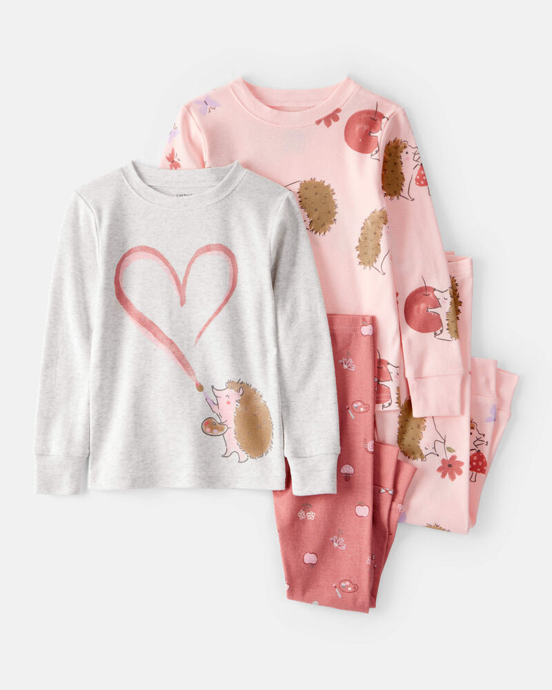 Baby Girl Hedgehog Print Cotton Long-Sleeve 4-Piece Pajamas - Pink/Brown, image 1 of 4 slides