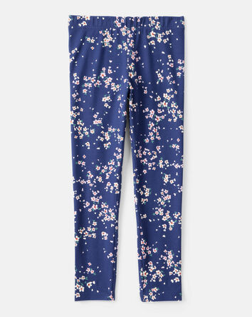 Girls Floral Cotton Pull-On Stretch Leggings - Navy, 