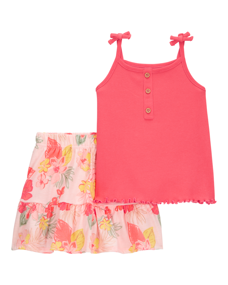 Toddler 2-Piece Ribbed Tank & Floral Pull-On Skort Set - Pink, image 1 of 4 slides