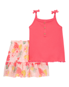 Toddler 2-Piece Ribbed Tank & Floral Pull-On Skort Set - Pink, image 1 of 4 slides