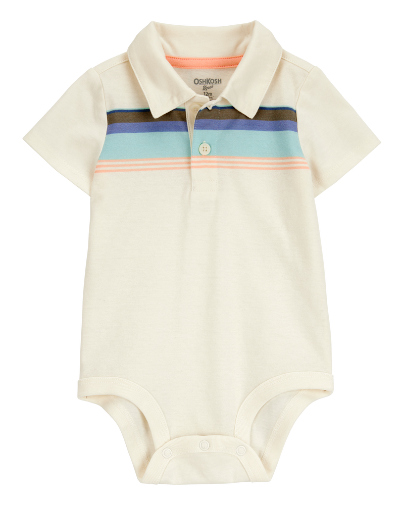 Baby Striped Polo Short-Sleeve Bodysuit - Cream, image 1 of 3 slides