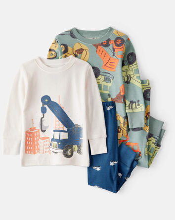 Baby Boy Construction Print 100% Cotton Long-Sleeve 4-Piece Pajamas - Blue/White/Navy, 