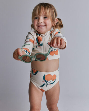 Toddler Girl Half-Zip Long-Sleeve Rashguard Set in Clementine Grove Print - Cream, 