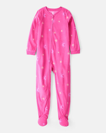 Kid 1-Piece Moon & Stars Fleece Footie Pajamas - Pink, 