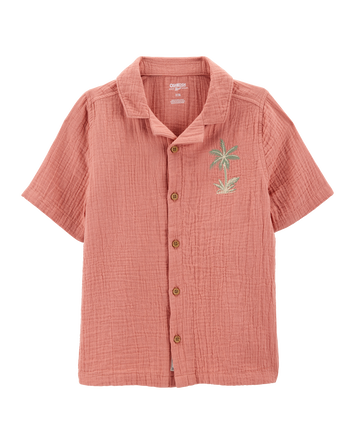 Boys Palm Tree Print Button-Front Shirt - Red, 
