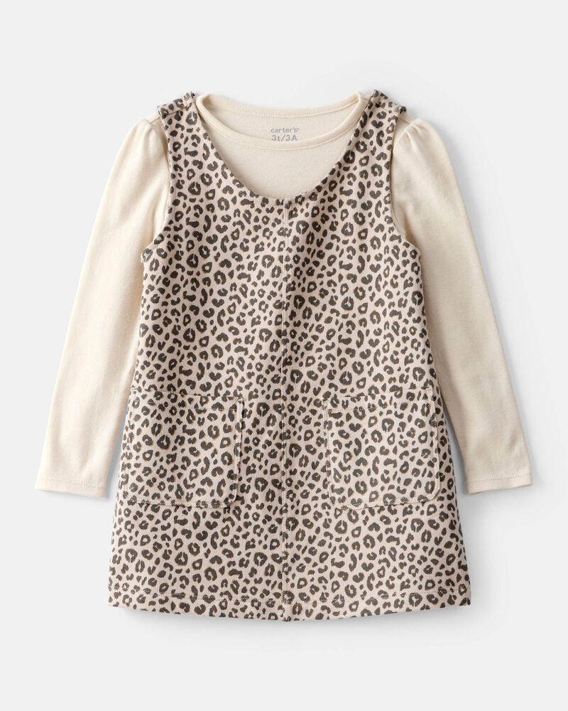Toddler Girl 2-Piece Leopard Print Cotton Long-Sleeve Dress Set - Brown, image 1 of 6 slides