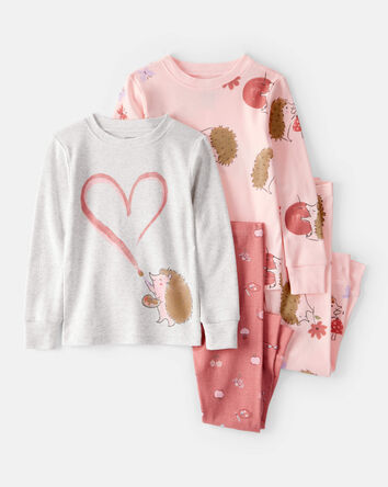 Toddler Girl Hedgehog Print Cotton Long-Sleeve 4-Piece Pajamas - Pink/Orange, 