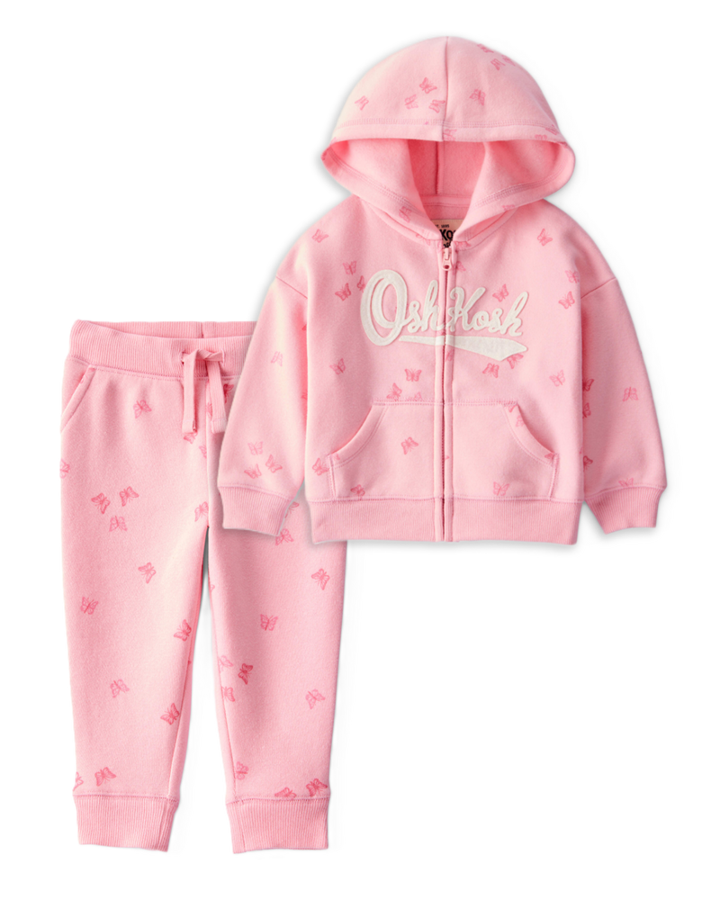 Baby Girl 2-Piece DayDream Fleece Butterfly Print Hooded Zip-Up Jacket & Joggers Set - Pink, image 1 of 7 slides