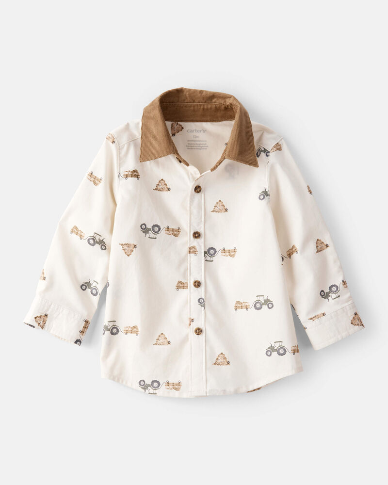 Baby Boy Tractor Print Cotton Long-Sleeve Button Down Shirt - White, image 1 of 4 slides