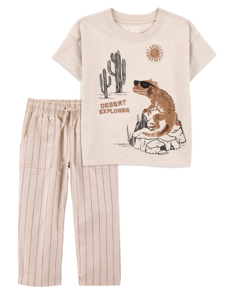 Baby 2-Piece Desert Lizard Graphic Tee & Striped Pants Set - Ivory/Tan, image 1 of 7 slides
