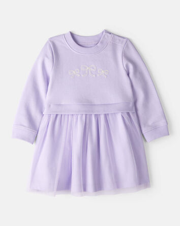 Baby Girl Bow Print Tulle Cotton Dress - Purple, 