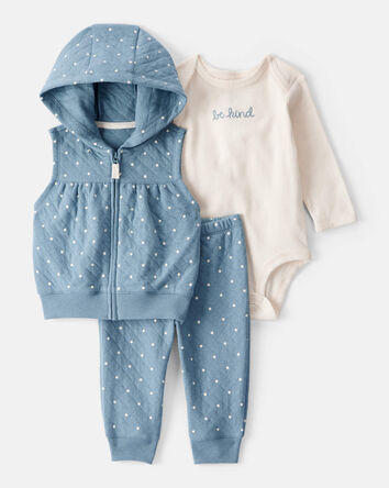 Baby 3-Piece Polka Dot Quilted Little Vest Set - Blue/Ivory, 