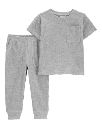 Toddler Boy Solid Loose Fit Waffle Knit 2-Piece Pajamas - Grey, 